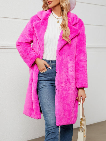 Faux Fur Notched Lapel Long Sleeves Mid-Length Coat