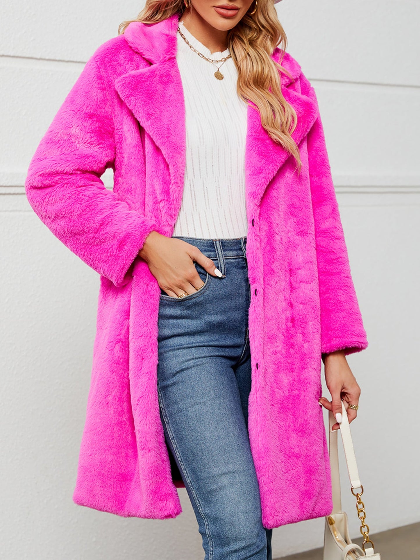 Faux Fur Notched Lapel Long Sleeves Mid-Length Coat