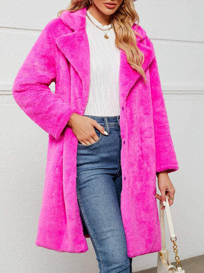 Faux Fur Notched Lapel Long Sleeves Mid-Length Coat