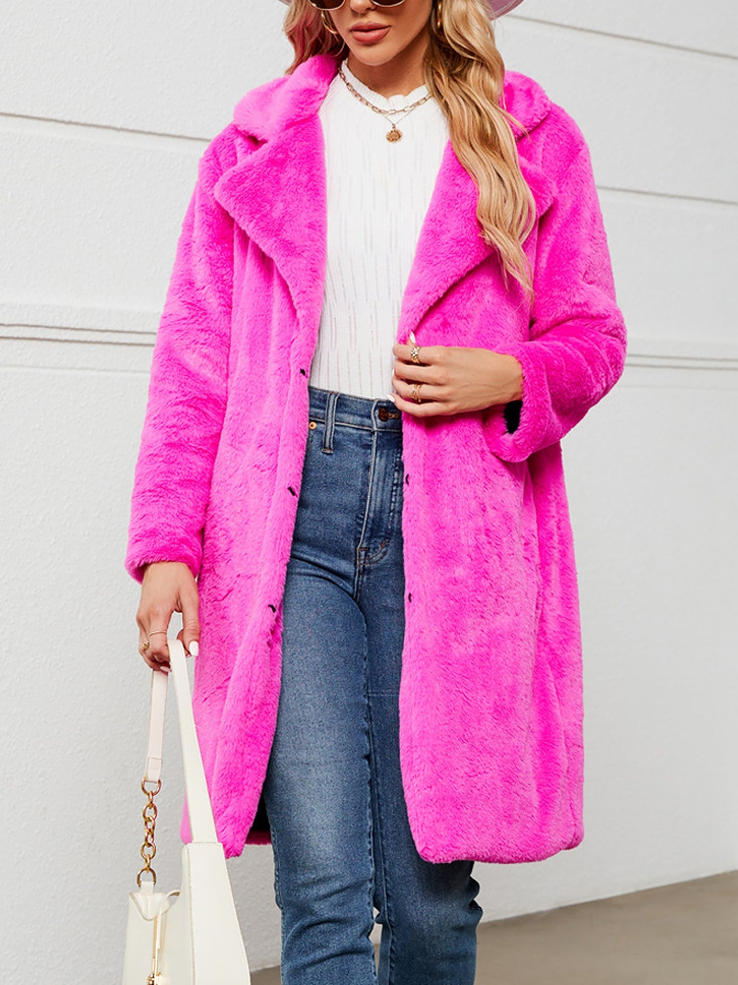 Faux Fur Notched Lapel Long Sleeves Mid-Length Coat