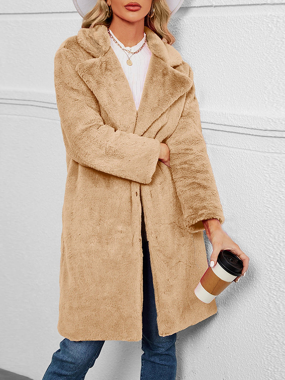 Faux Fur Notched Lapel Long Sleeves Mid-Length Coat