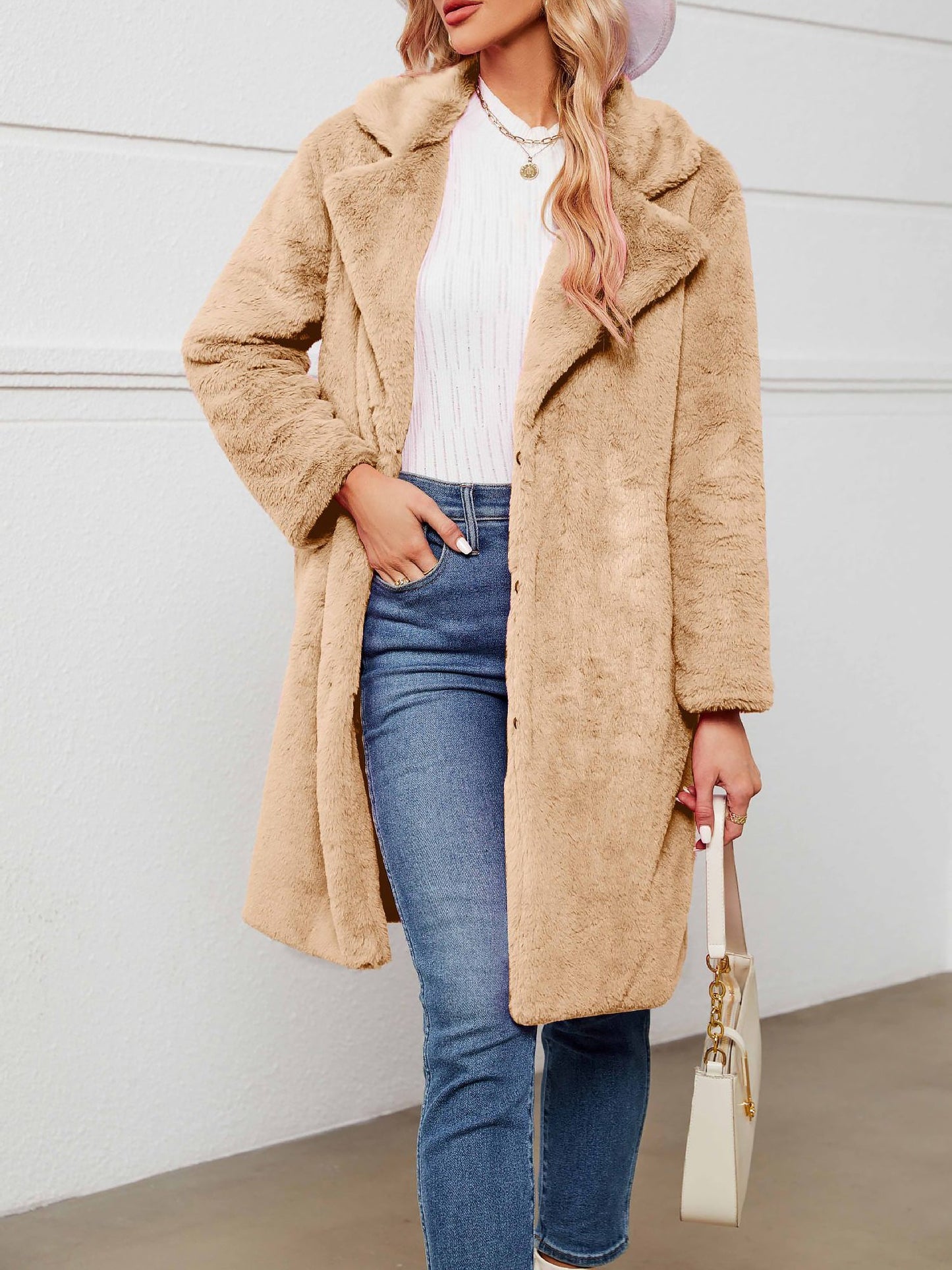 Faux Fur Notched Lapel Long Sleeves Mid-Length Coat