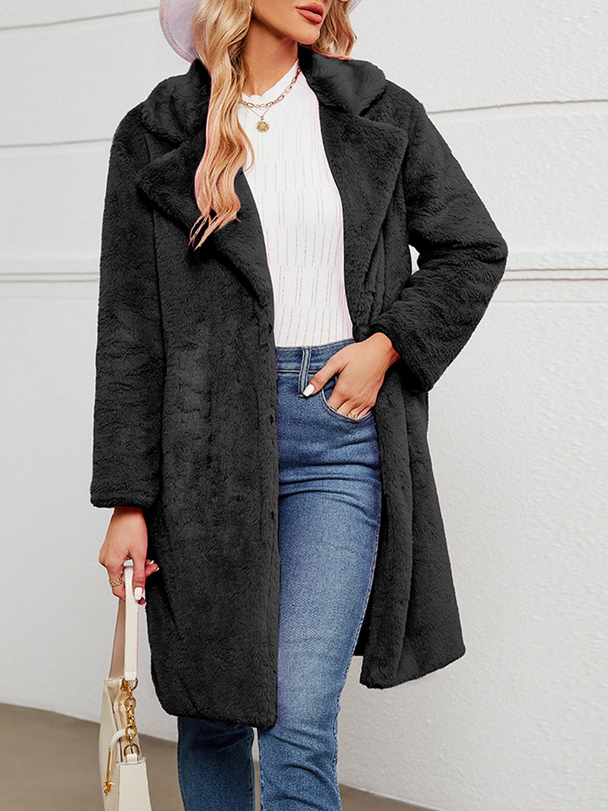 Faux Fur Notched Lapel Long Sleeves Mid-Length Coat