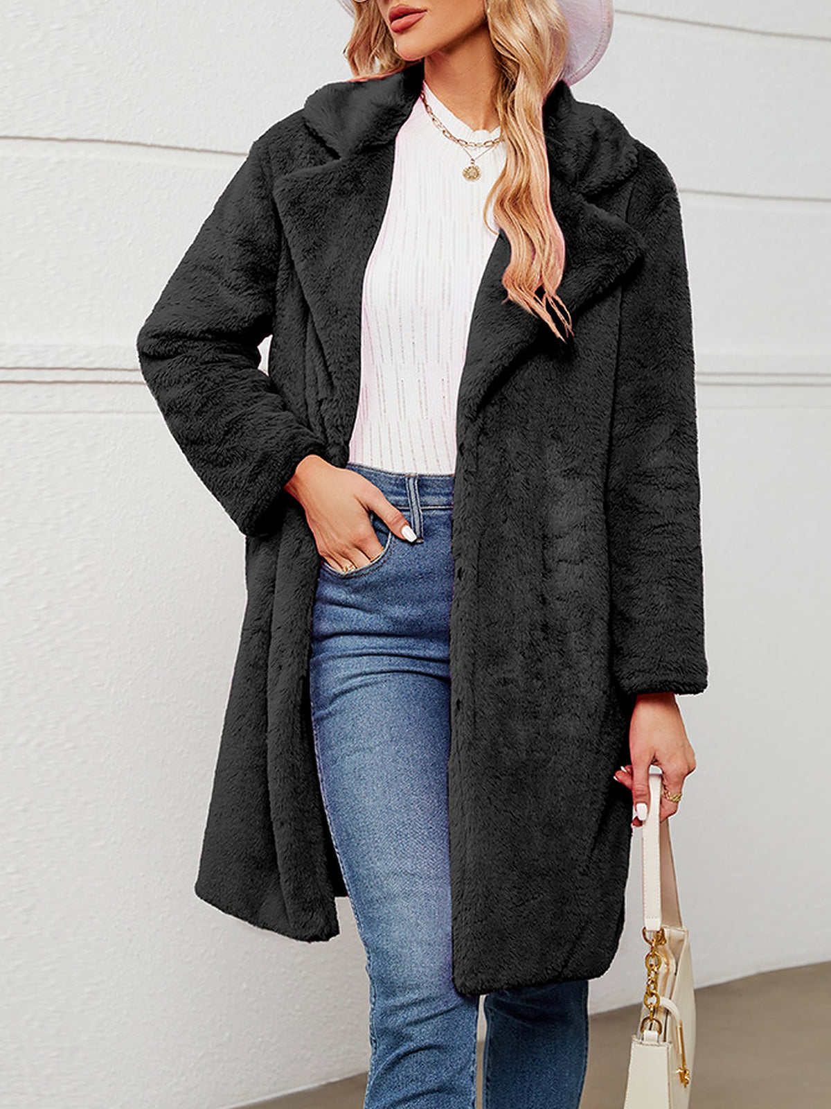 Faux Fur Notched Lapel Long Sleeves Mid-Length Coat