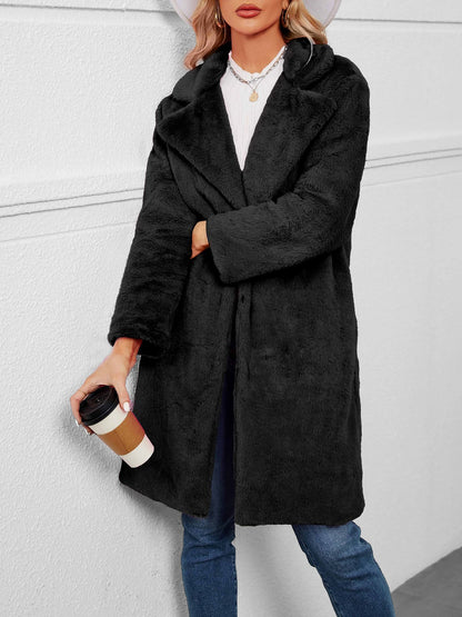 Faux Fur Notched Lapel Long Sleeves Mid-Length Coat
