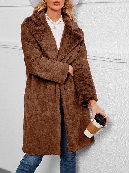 Faux Fur Notched Lapel Long Sleeves Mid-Length Coat