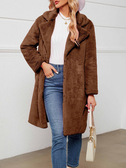 Faux Fur Notched Lapel Long Sleeves Mid-Length Coat