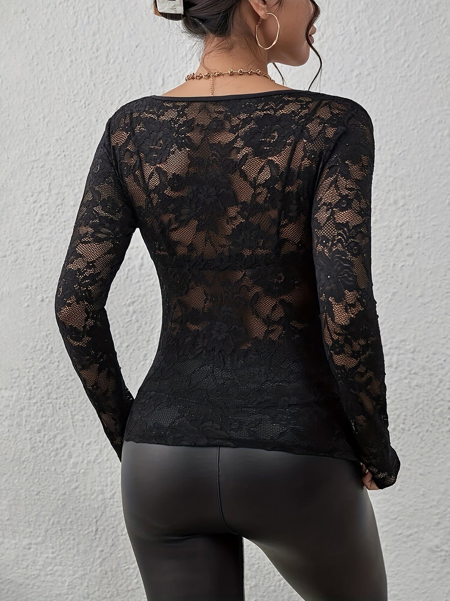 Premium Embroidered Lace Sheer Solid Color Long Sleeves Party Blouse with Elegant Back Detail