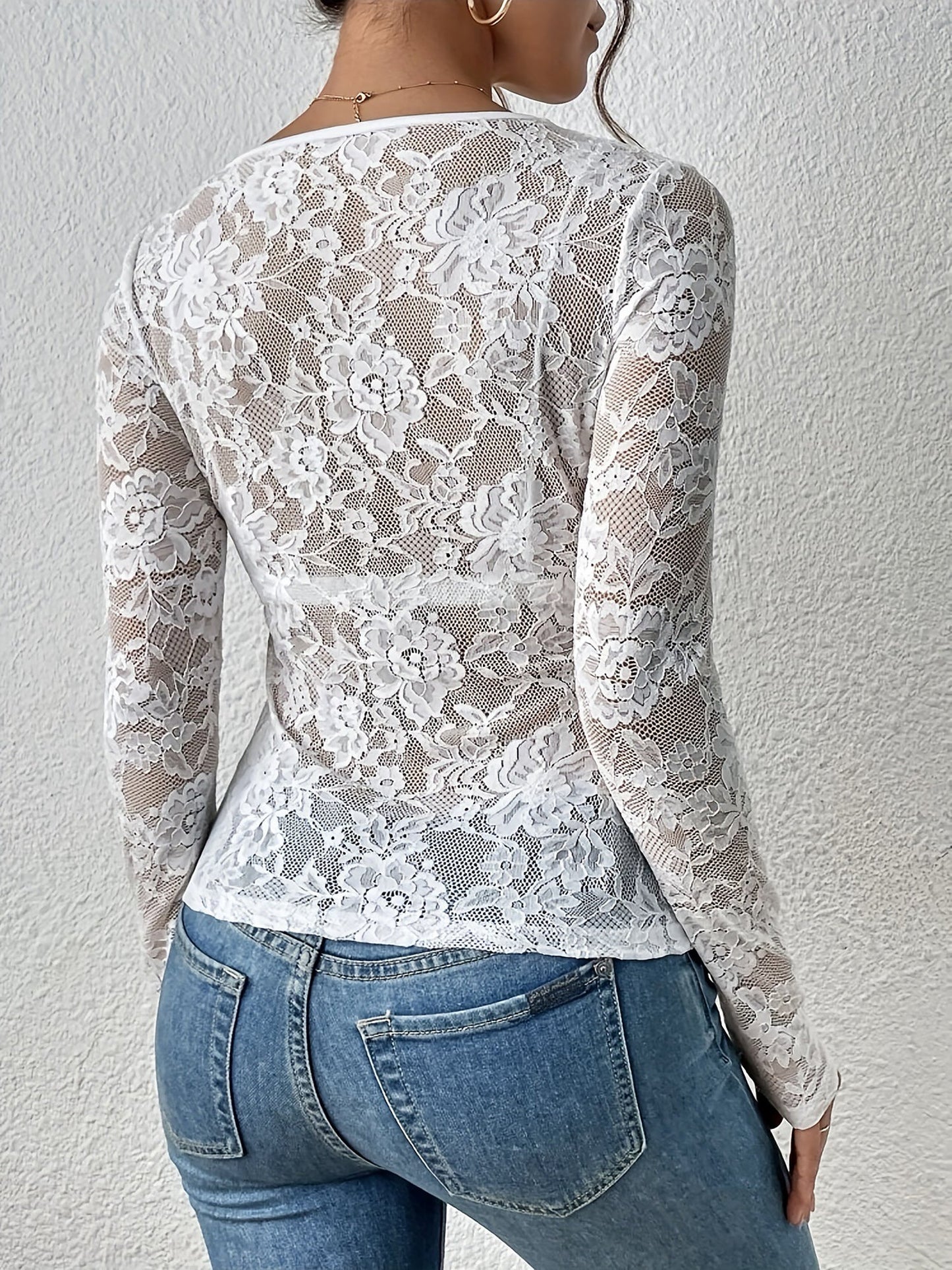 Premium Embroidered Lace Sheer Solid Color Long Sleeves Party Blouse with Elegant Back Detail