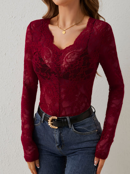 Premium Embroidered Lace Sheer Solid Color Long Sleeves Party Blouse with Elegant Back Detail