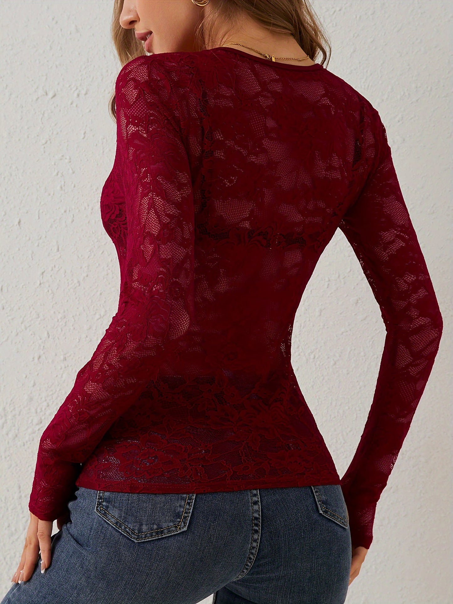 Premium Embroidered Lace Sheer Solid Color Long Sleeves Party Blouse with Elegant Back Detail
