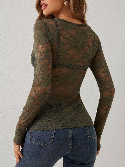 Premium Embroidered Lace Sheer Solid Color Long Sleeves Party Blouse with Elegant Back Detail