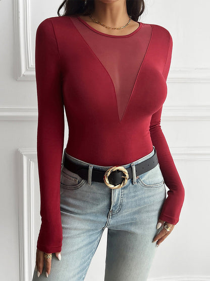 Breathable Nylon Round Neck Mesh Sheer Long Sleeves Blouse