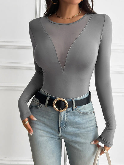 Breathable Nylon Round Neck Mesh Sheer Long Sleeves Blouse
