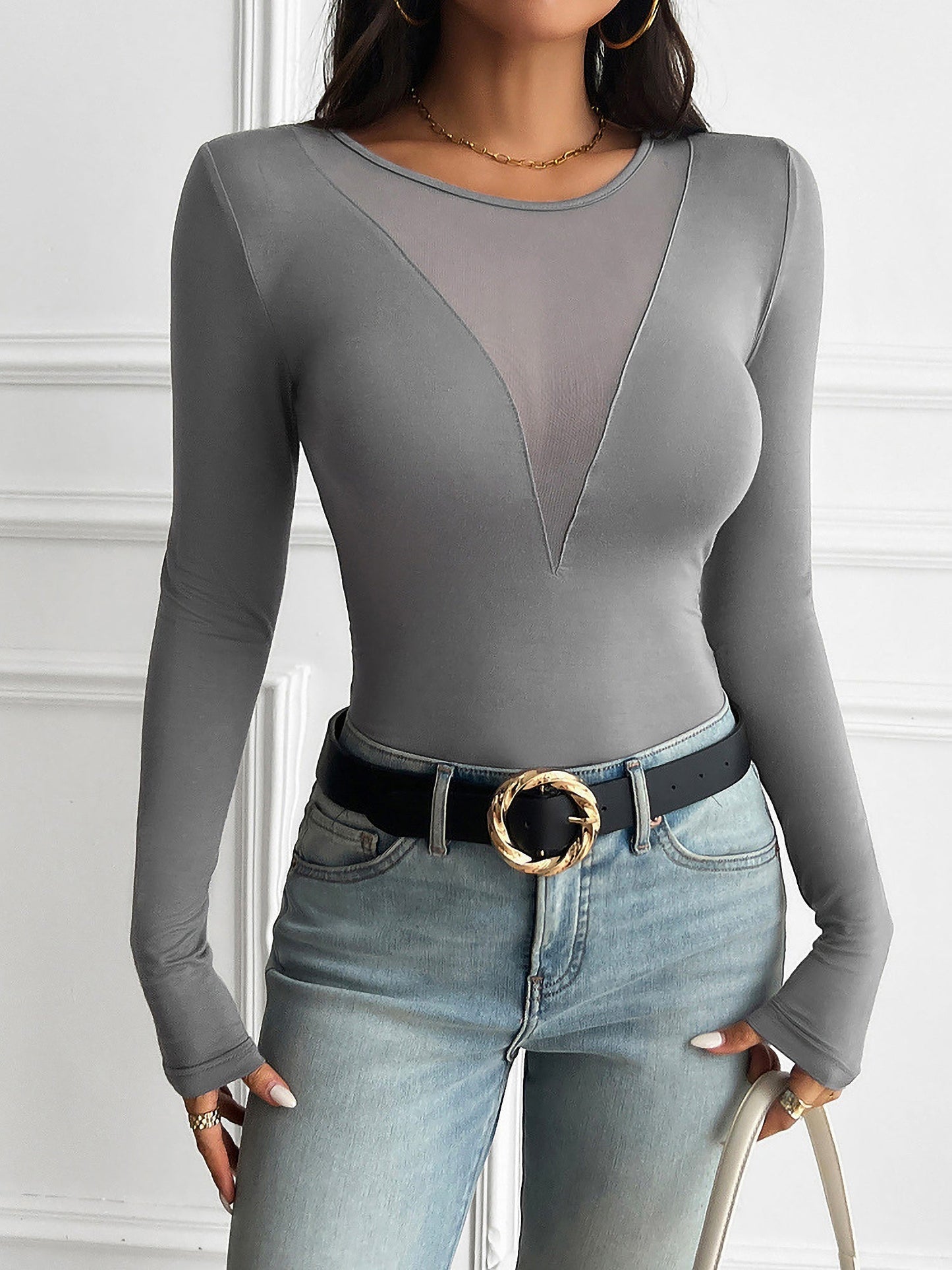 Breathable Nylon Round Neck Mesh Sheer Long Sleeves Blouse