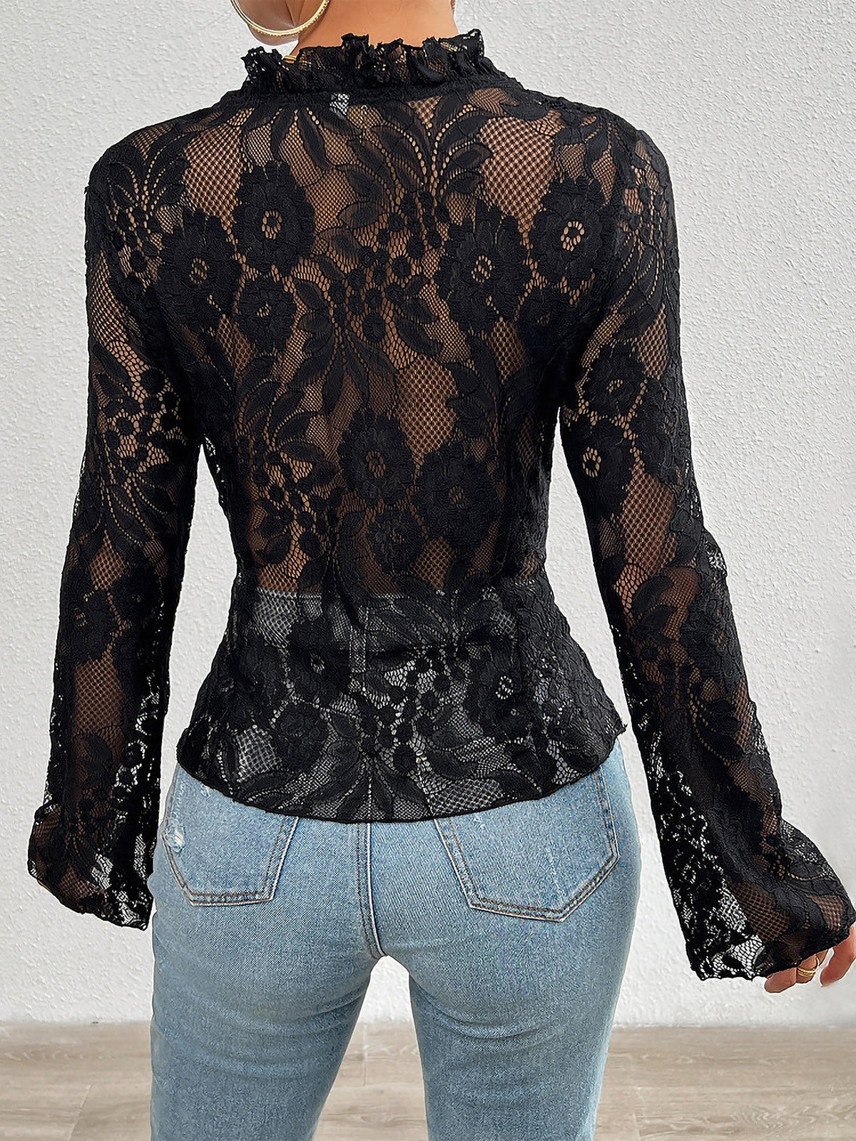 Elegant Ruffled Floral Lace Sheer Long Sleeves Lace-Up Bow Transparent Mesh Blouse