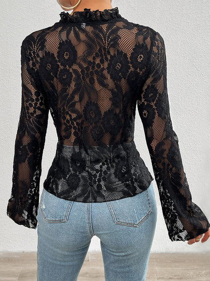 Elegant Ruffled Floral Lace Sheer Long Sleeves Lace-Up Bow Transparent Mesh Blouse