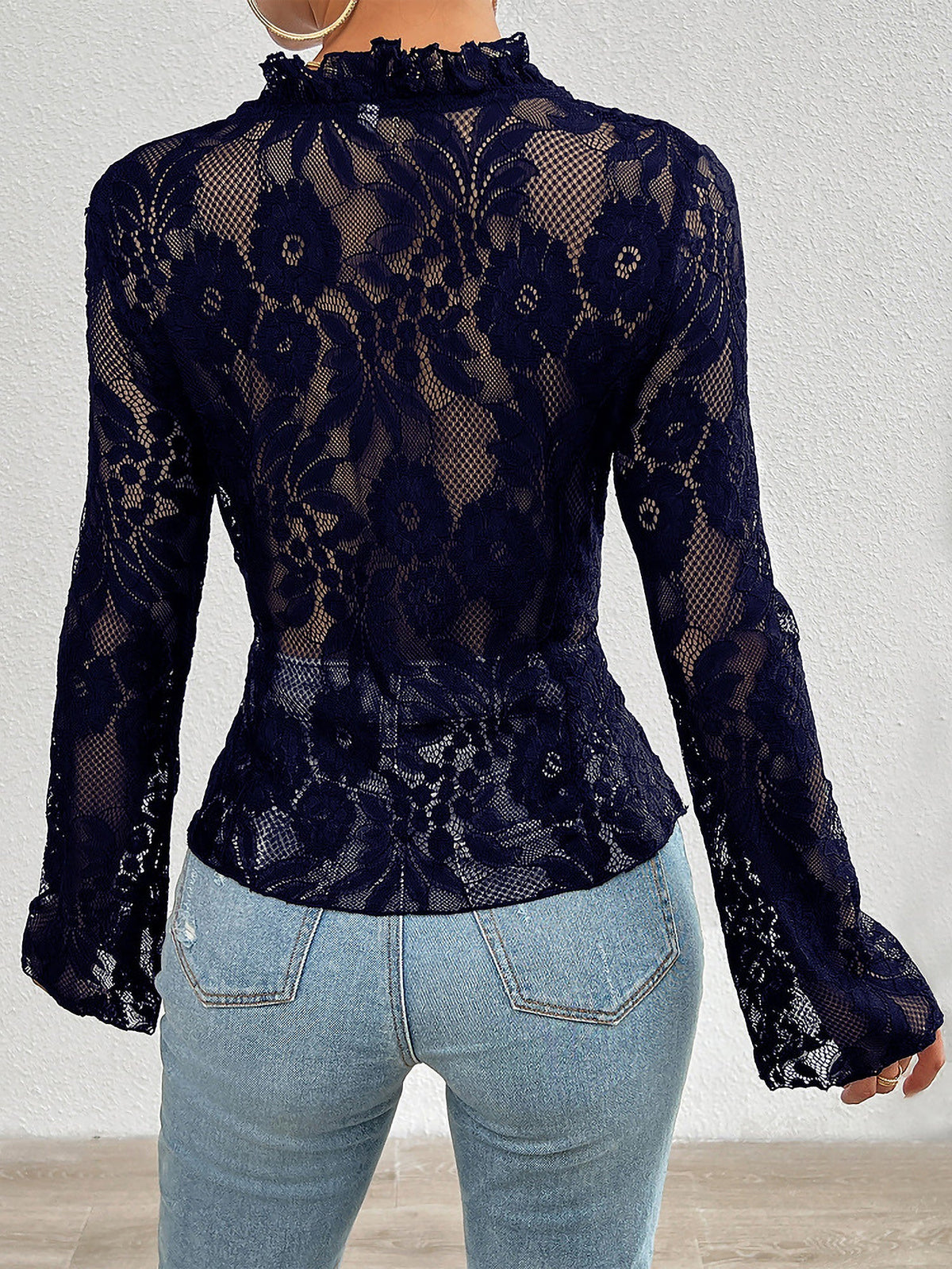 Elegant Ruffled Floral Lace Sheer Long Sleeves Lace-Up Bow Transparent Mesh Blouse