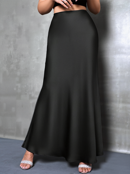 High-Waisted Flared Hem Satin Solid Color Fishtail Elegant Maxi Skirt for Women