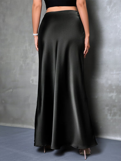 High-Waisted Flared Hem Satin Solid Color Fishtail Elegant Maxi Skirt for Women