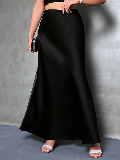 High-Waisted Flared Hem Satin Solid Color Fishtail Elegant Maxi Skirt for Women