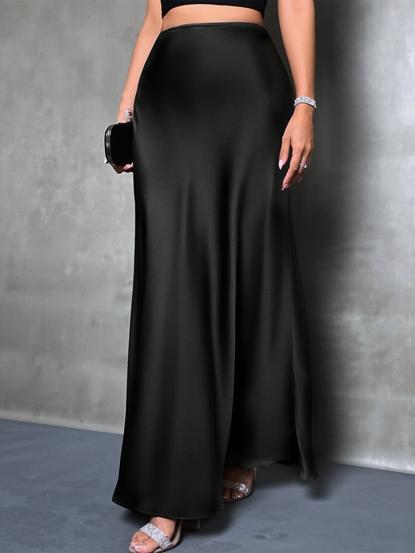 High-Waisted Flared Hem Satin Solid Color Fishtail Elegant Maxi Skirt for Women
