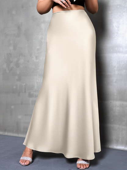 High-Waisted Flared Hem Satin Solid Color Fishtail Elegant Maxi Skirt for Women