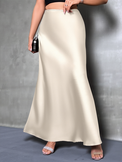High-Waisted Flared Hem Satin Solid Color Fishtail Elegant Maxi Skirt for Women