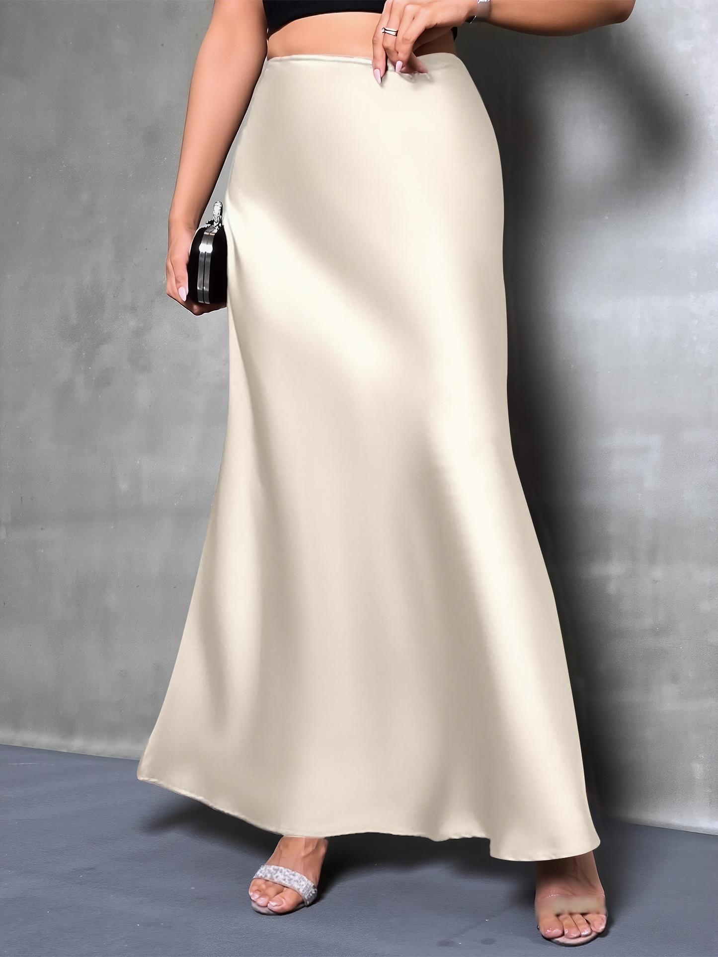 High-Waisted Flared Hem Satin Solid Color Fishtail Elegant Maxi Skirt for Women