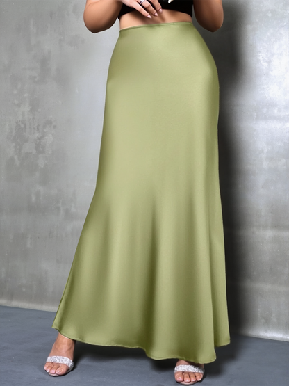 High-Waisted Flared Hem Satin Solid Color Fishtail Elegant Maxi Skirt for Women