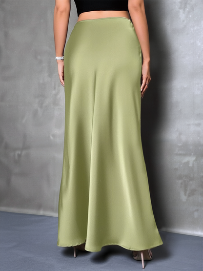 High-Waisted Flared Hem Satin Solid Color Fishtail Elegant Maxi Skirt for Women
