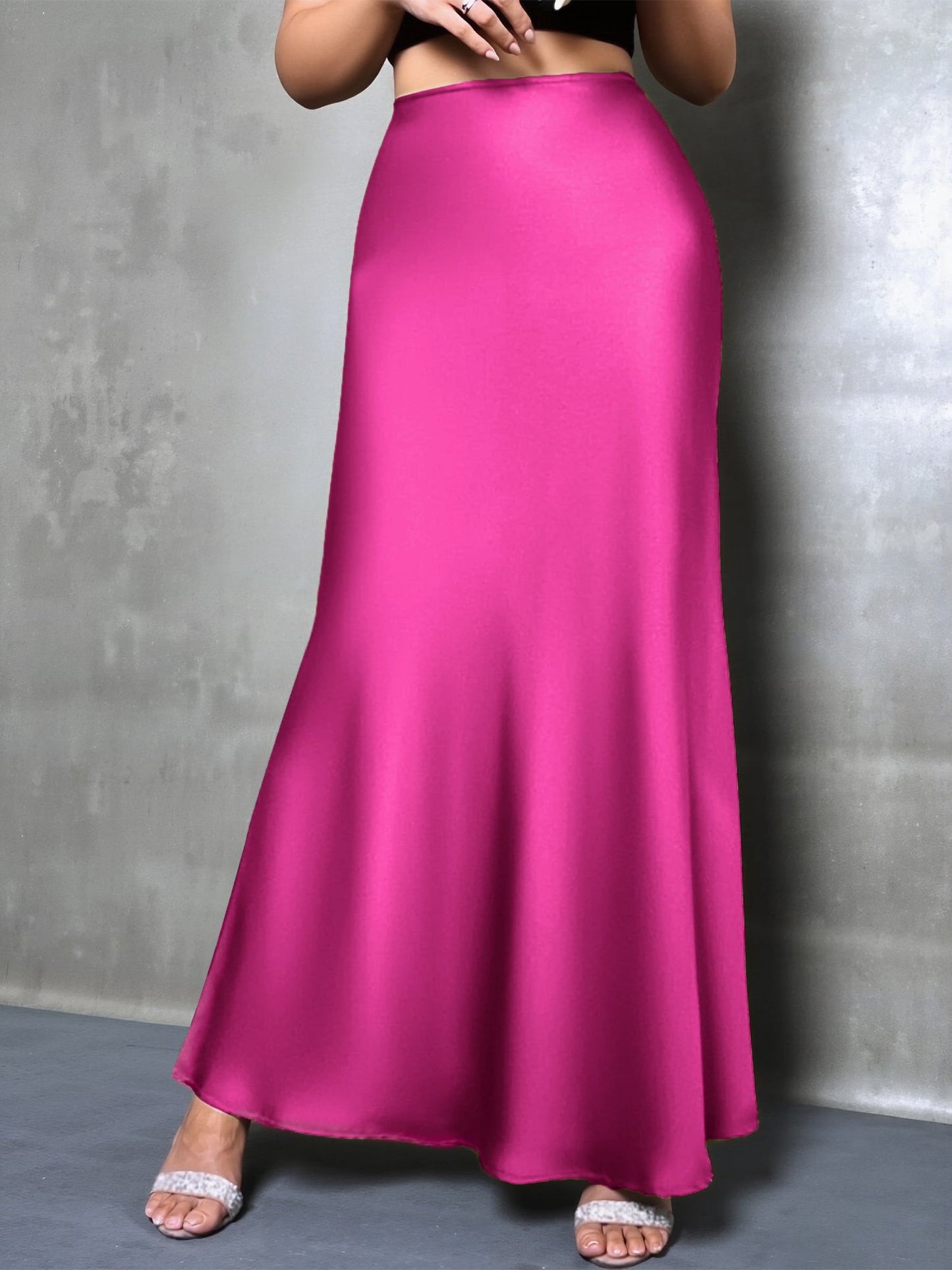High-Waisted Flared Hem Satin Solid Color Fishtail Elegant Maxi Skirt for Women