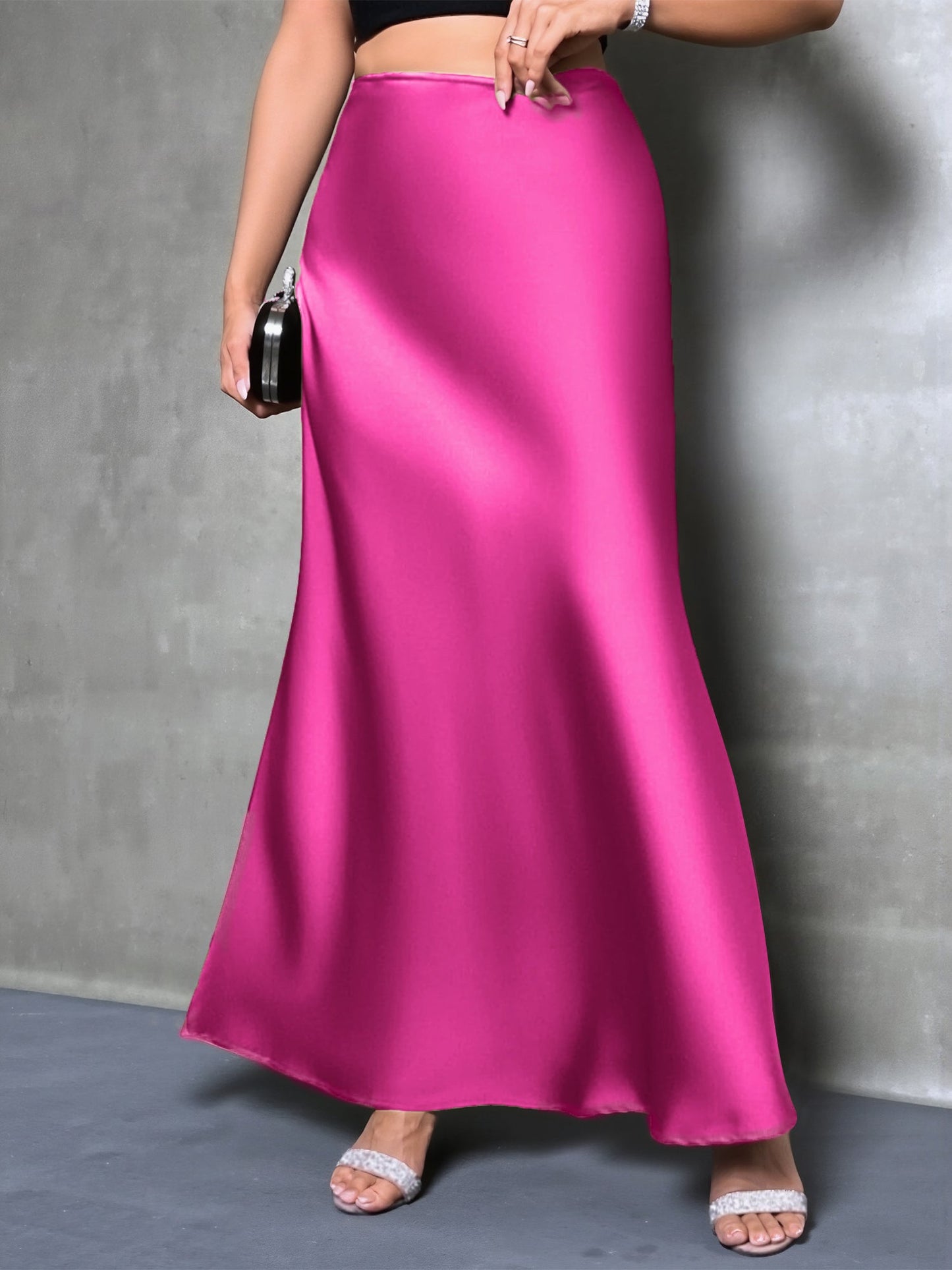 High-Waisted Flared Hem Satin Solid Color Fishtail Elegant Maxi Skirt for Women