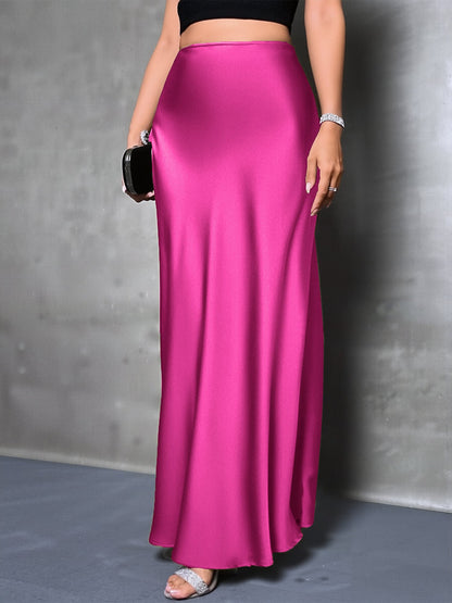 High-Waisted Flared Hem Satin Solid Color Fishtail Elegant Maxi Skirt for Women