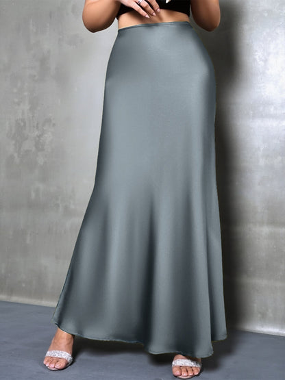 High-Waisted Flared Hem Satin Solid Color Fishtail Elegant Maxi Skirt for Women