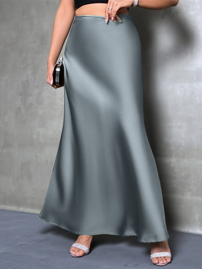 High-Waisted Flared Hem Satin Solid Color Fishtail Elegant Maxi Skirt for Women
