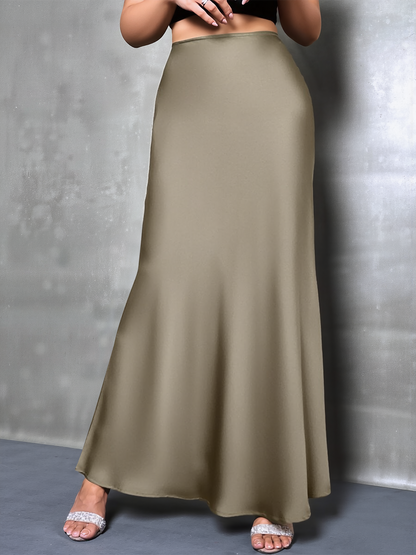 High-Waisted Flared Hem Satin Solid Color Fishtail Elegant Maxi Skirt for Women