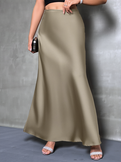 High-Waisted Flared Hem Satin Solid Color Fishtail Elegant Maxi Skirt for Women