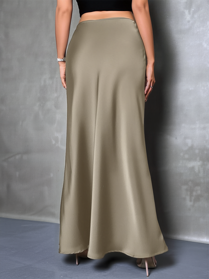 High-Waisted Flared Hem Satin Solid Color Fishtail Elegant Maxi Skirt for Women