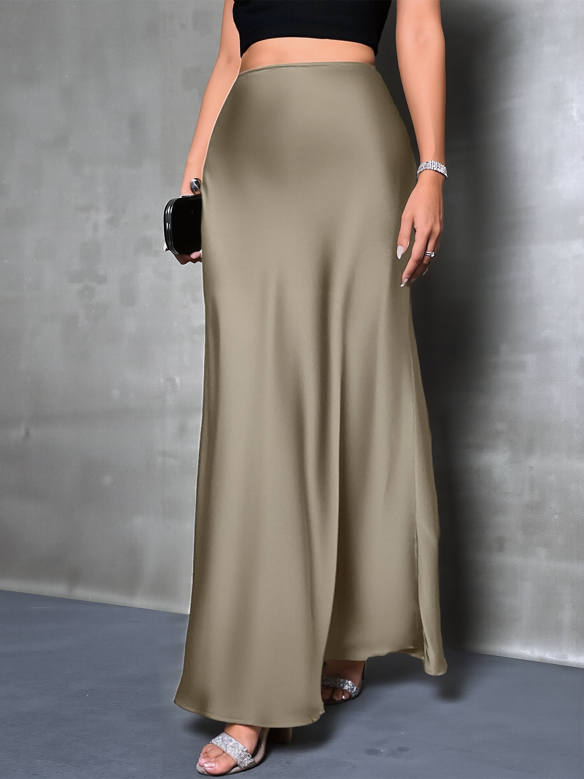 High-Waisted Flared Hem Satin Solid Color Fishtail Elegant Maxi Skirt for Women