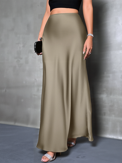 High-Waisted Flared Hem Satin Solid Color Fishtail Elegant Maxi Skirt for Women