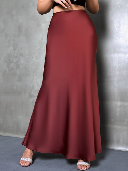 High-Waisted Flared Hem Satin Solid Color Fishtail Elegant Maxi Skirt for Women