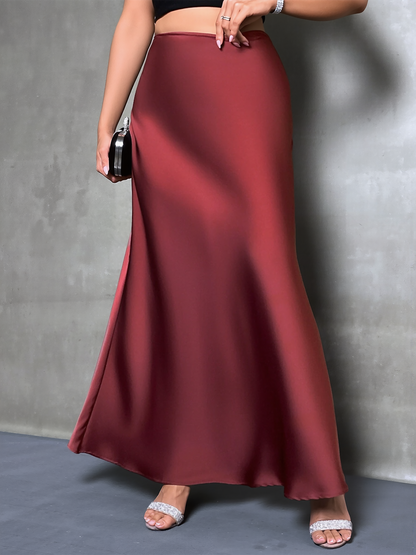 High-Waisted Flared Hem Satin Solid Color Fishtail Elegant Maxi Skirt for Women