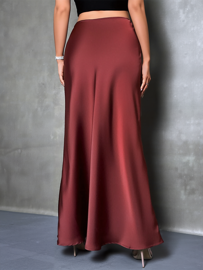High-Waisted Flared Hem Satin Solid Color Fishtail Elegant Maxi Skirt for Women