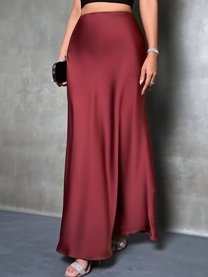 High-Waisted Flared Hem Satin Solid Color Fishtail Elegant Maxi Skirt for Women