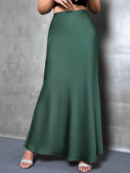 High-Waisted Flared Hem Satin Solid Color Fishtail Elegant Maxi Skirt for Women