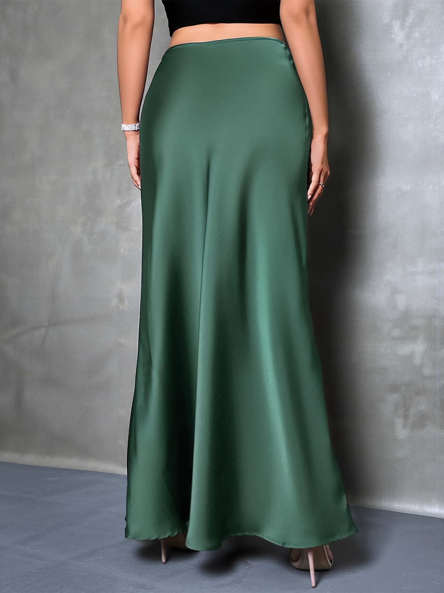 High-Waisted Flared Hem Satin Solid Color Fishtail Elegant Maxi Skirt for Women