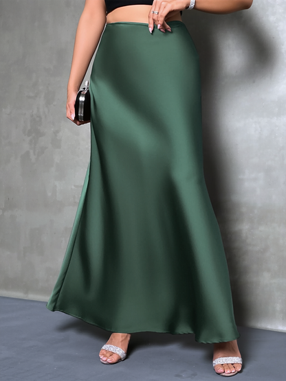 High-Waisted Flared Hem Satin Solid Color Fishtail Elegant Maxi Skirt for Women
