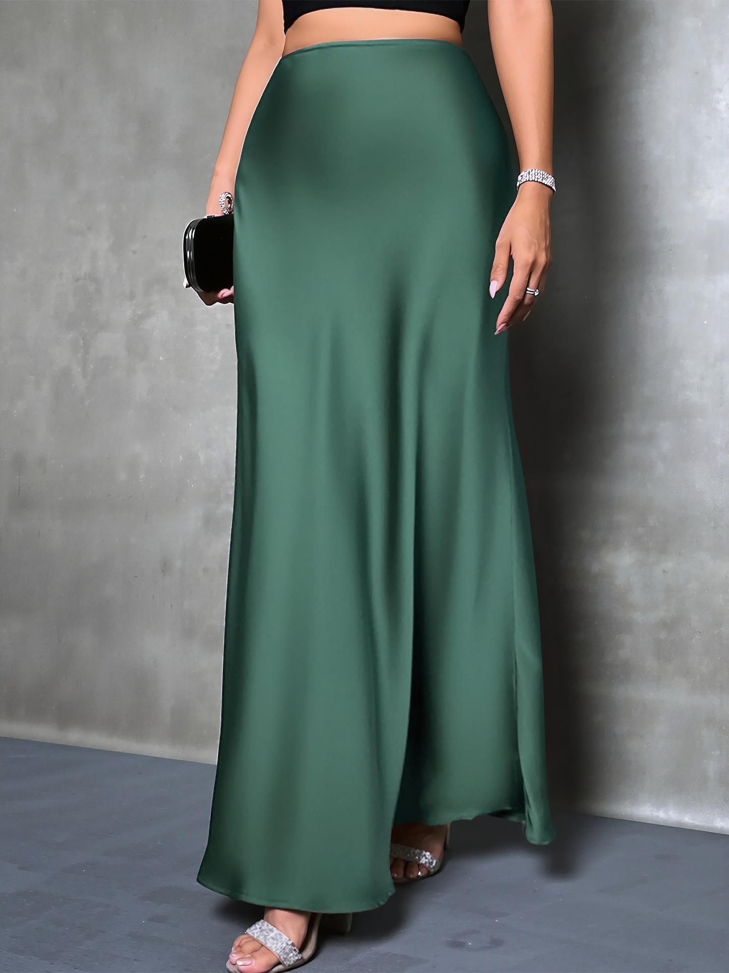 High-Waisted Flared Hem Satin Solid Color Fishtail Elegant Maxi Skirt for Women