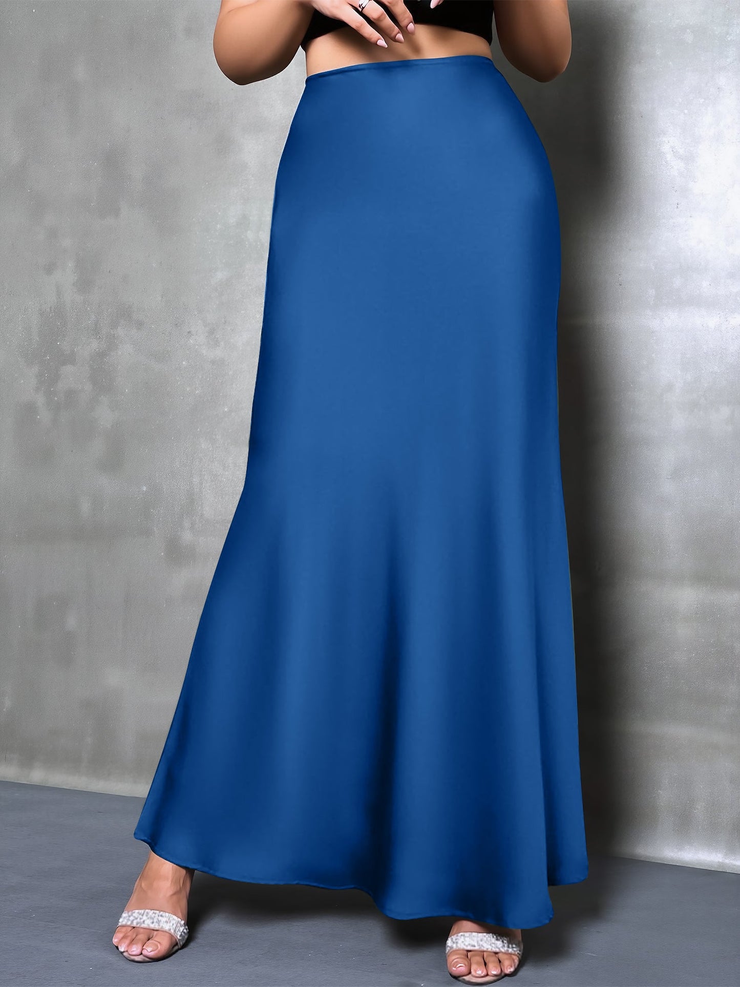 High-Waisted Flared Hem Satin Solid Color Fishtail Elegant Maxi Skirt for Women